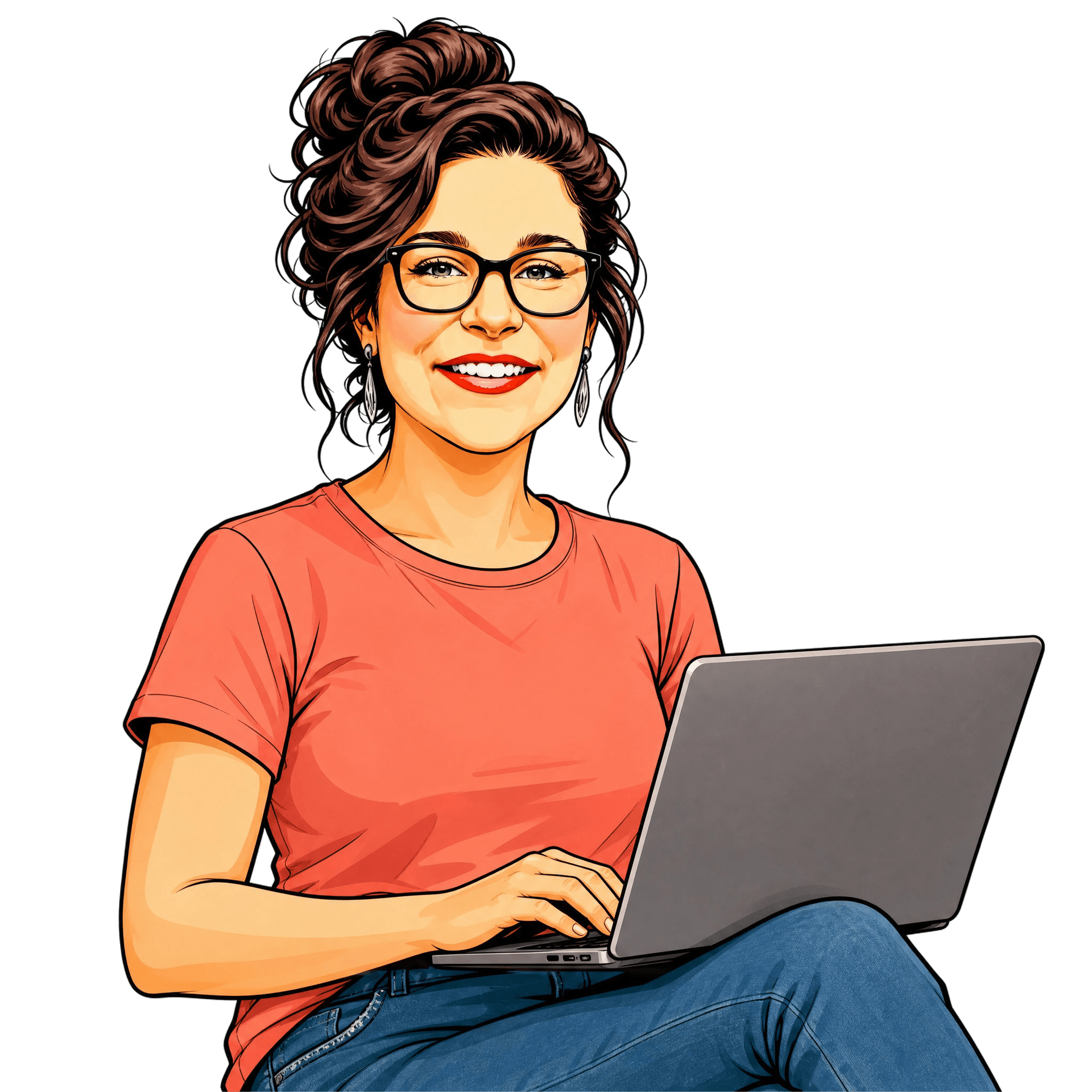 Illustrated portrait of the founder, working on a laptop