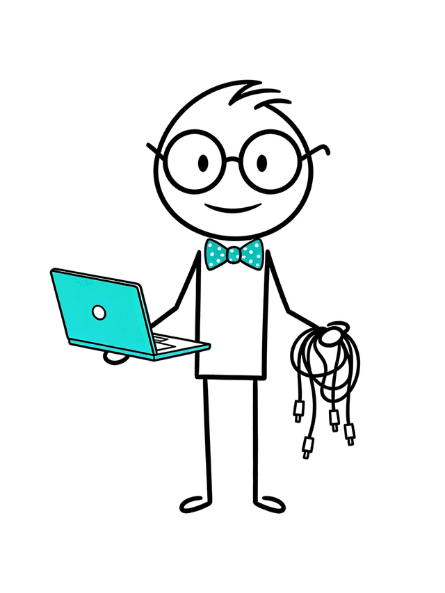 Kevin — stick figure with laptop and cables
