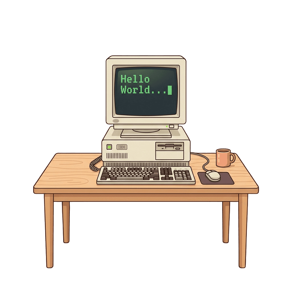 A retro computer on a wooden desk, its screen reading Hello World