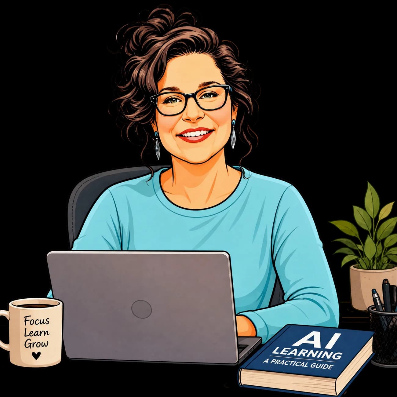 Illustrated portrait of Tan at her desk