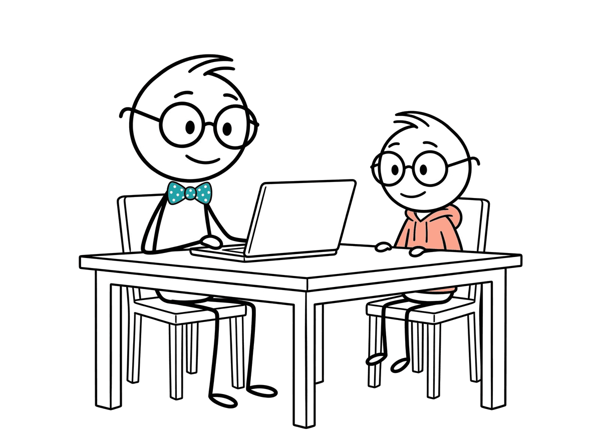 Kevin and a child at a table with a laptop