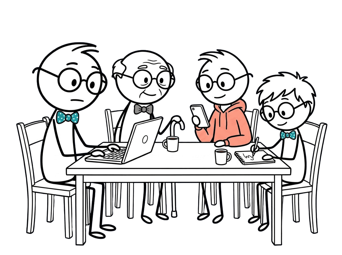 Kevin at the kitchen table with a family, looking at a laptop together