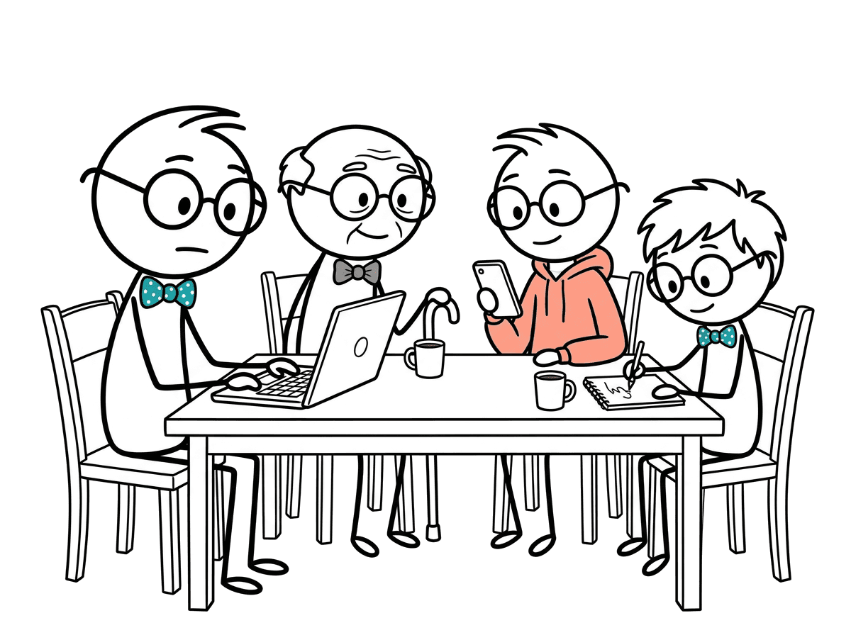 Kevin at the kitchen table with a family, looking at a laptop together