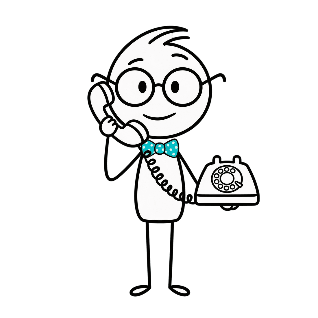 Kevin, the AI UnSpun stick-figure guide, on an old rotary phone