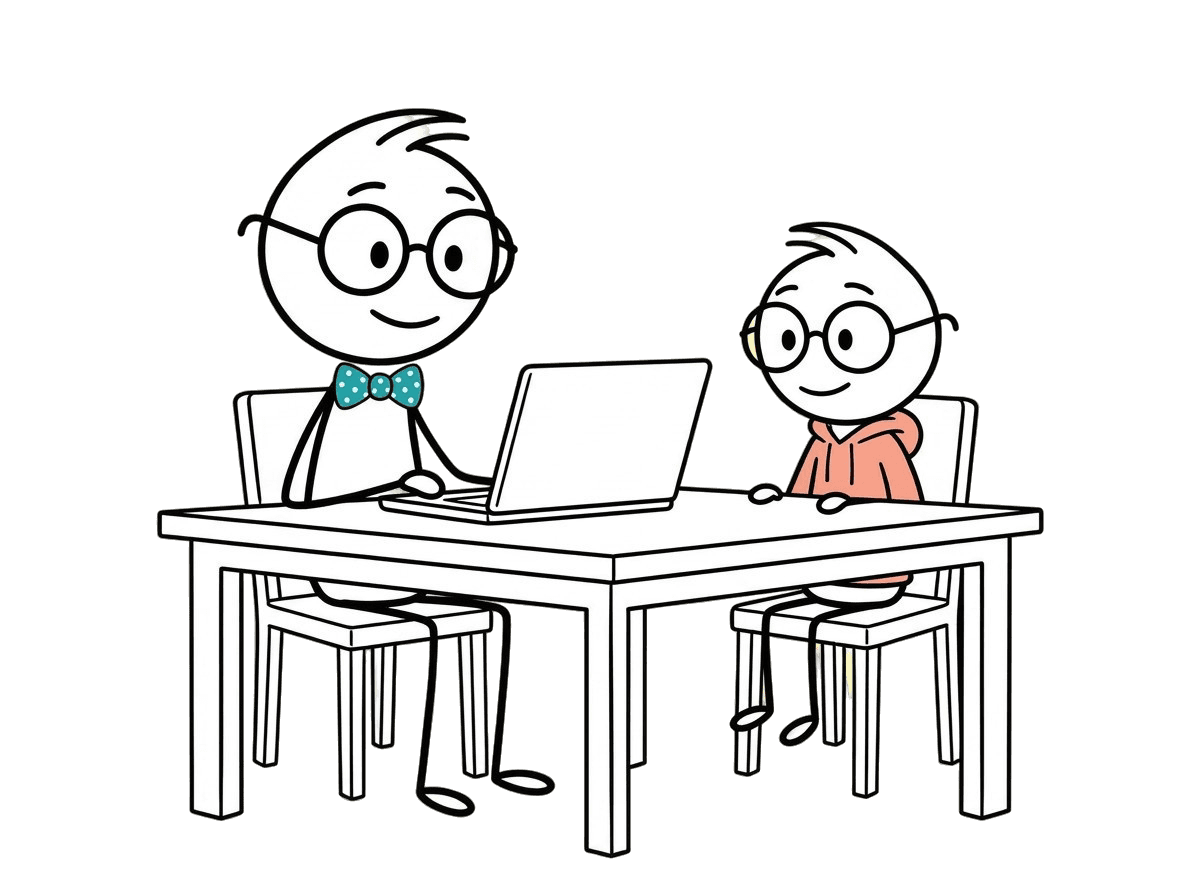 Kevin and a child at a table with a laptop