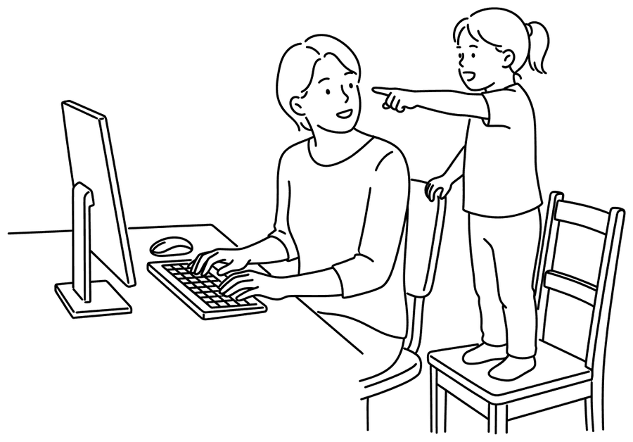 Line drawing: an adult at a keyboard turning to look at a small child who stands on a chair beside them, pointing past their shoulder at the screen.