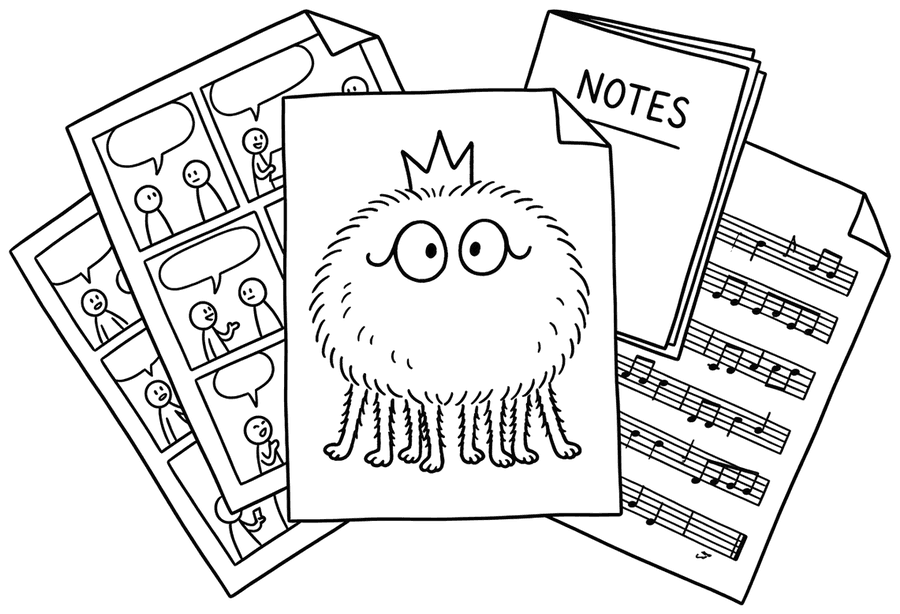 Line drawing: a tabletop seen from above, spread with overlapping sheets of paper, a creature, a comic strip, a small stapled book and a lyric sheet, corners askew.