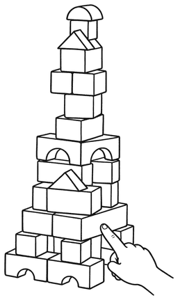 Line drawing: a tower of stacked blocks with a child's finger pointing at one block near the bottom.