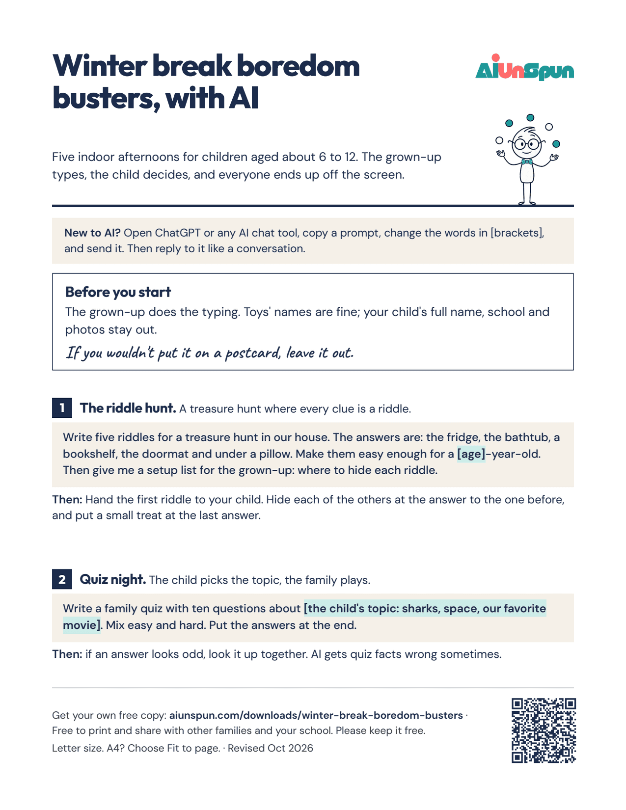 Page 1 of Winter break boredom busters, with AI