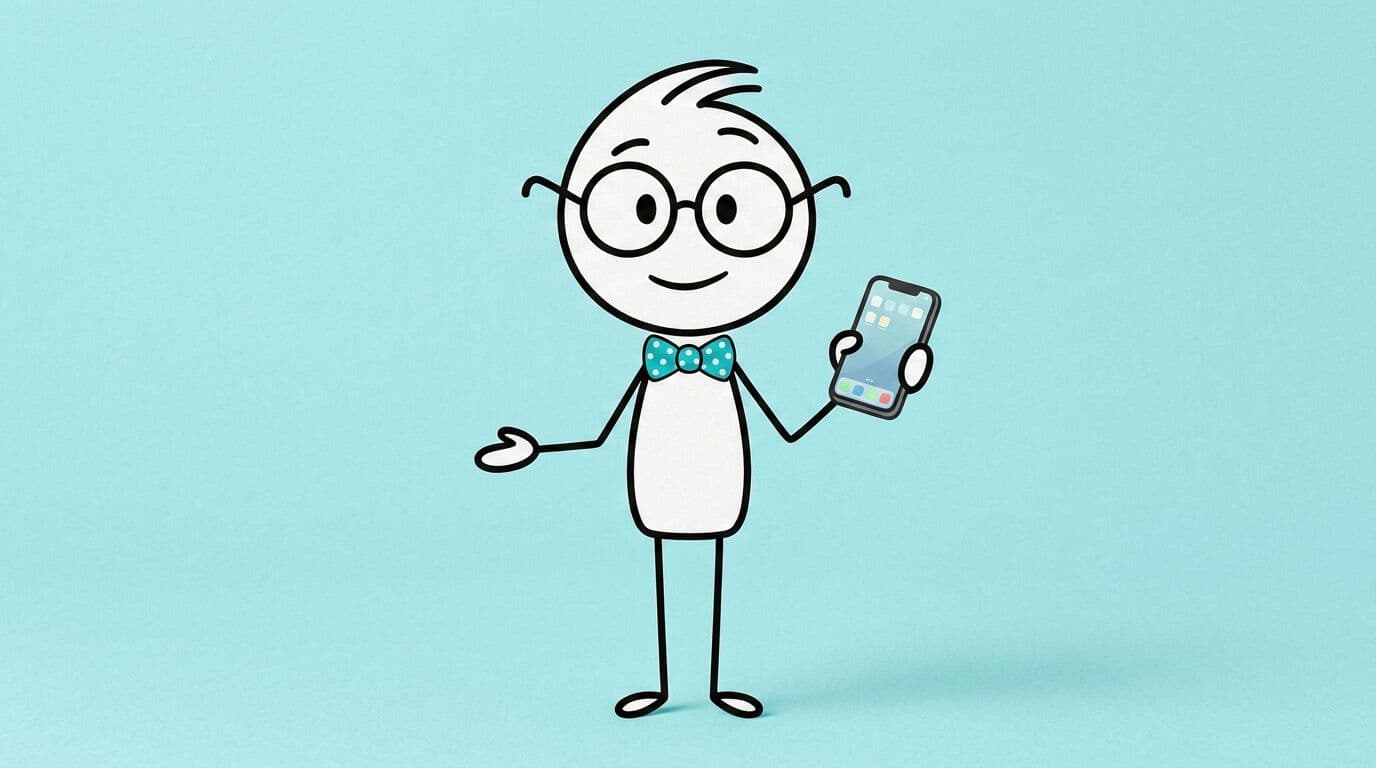 Stick man named Kevin holding a smart phone