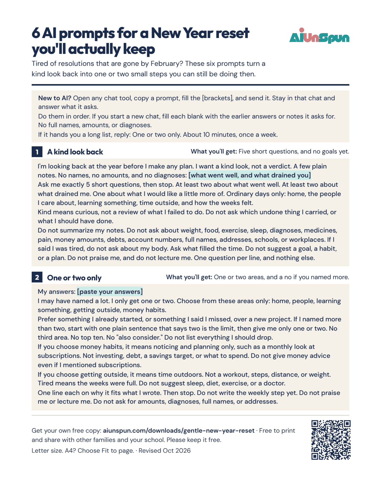 Page 1 of AI prompts for a New Year reset you'll actually keep