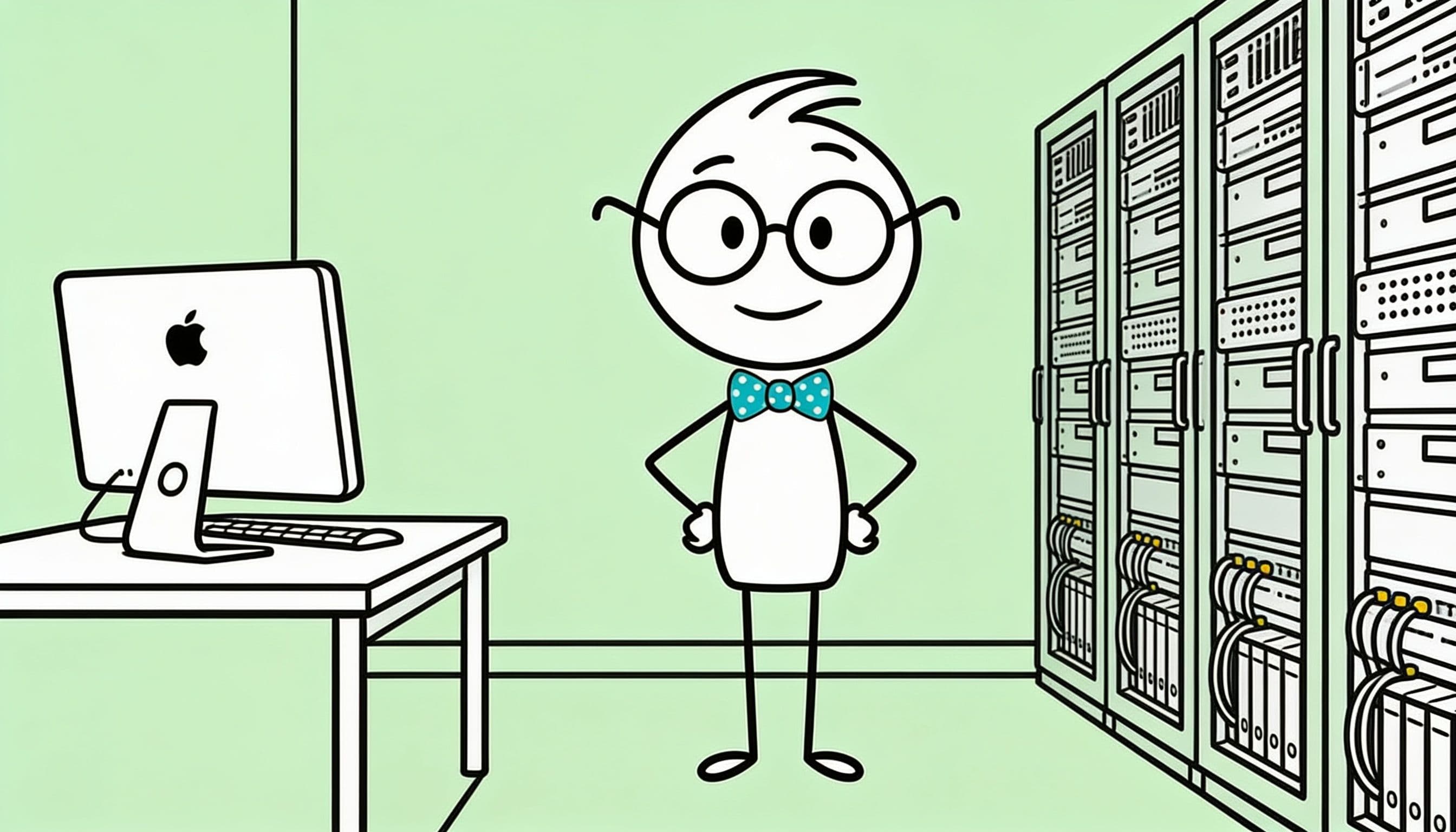 stick man with computer servers and mac computer