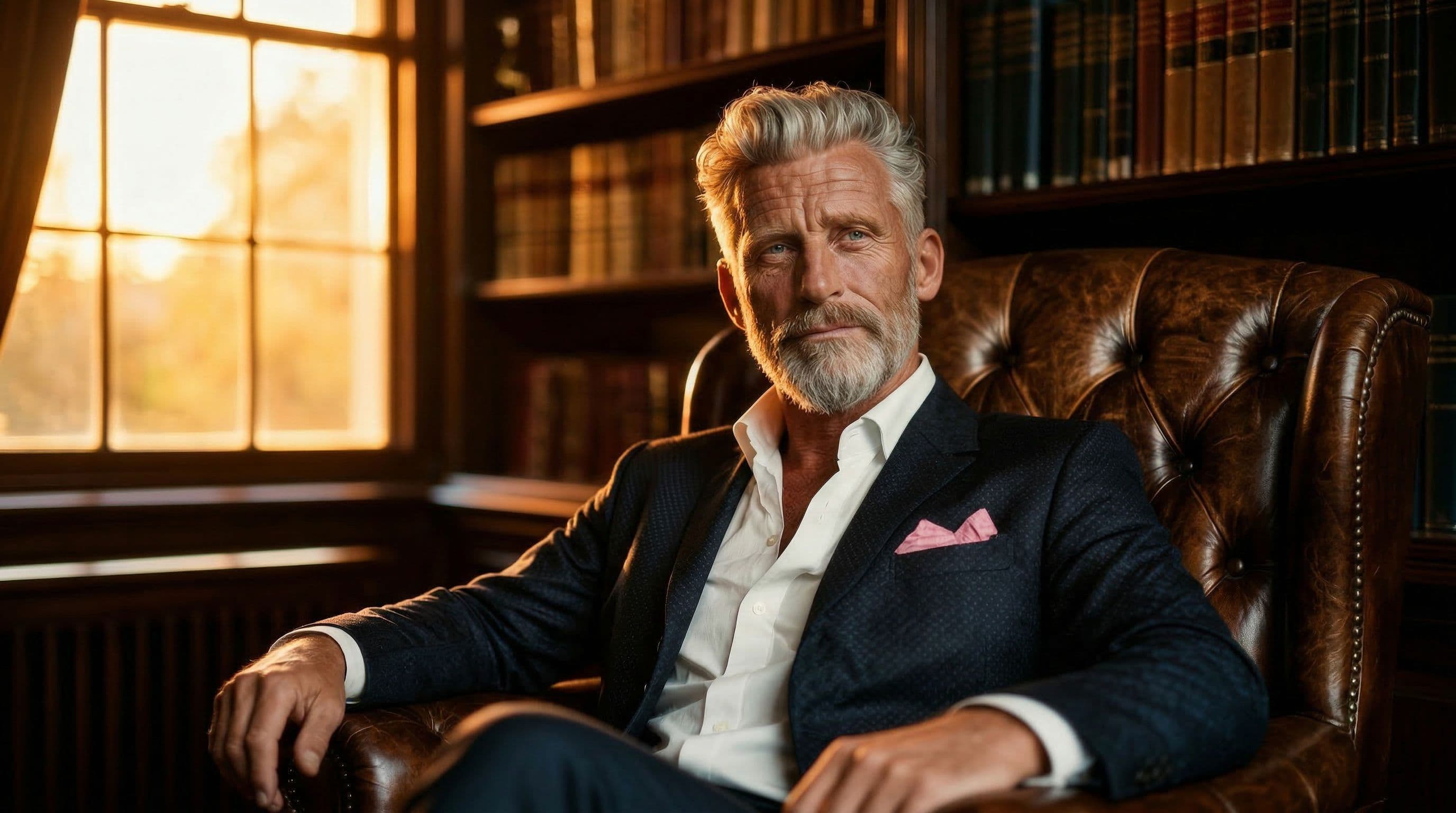 The Gentleman looking composed and thoughtful, slight raised eyebrow, calm expression. The register of someone who has considered a question carefully and is about to say something precise.