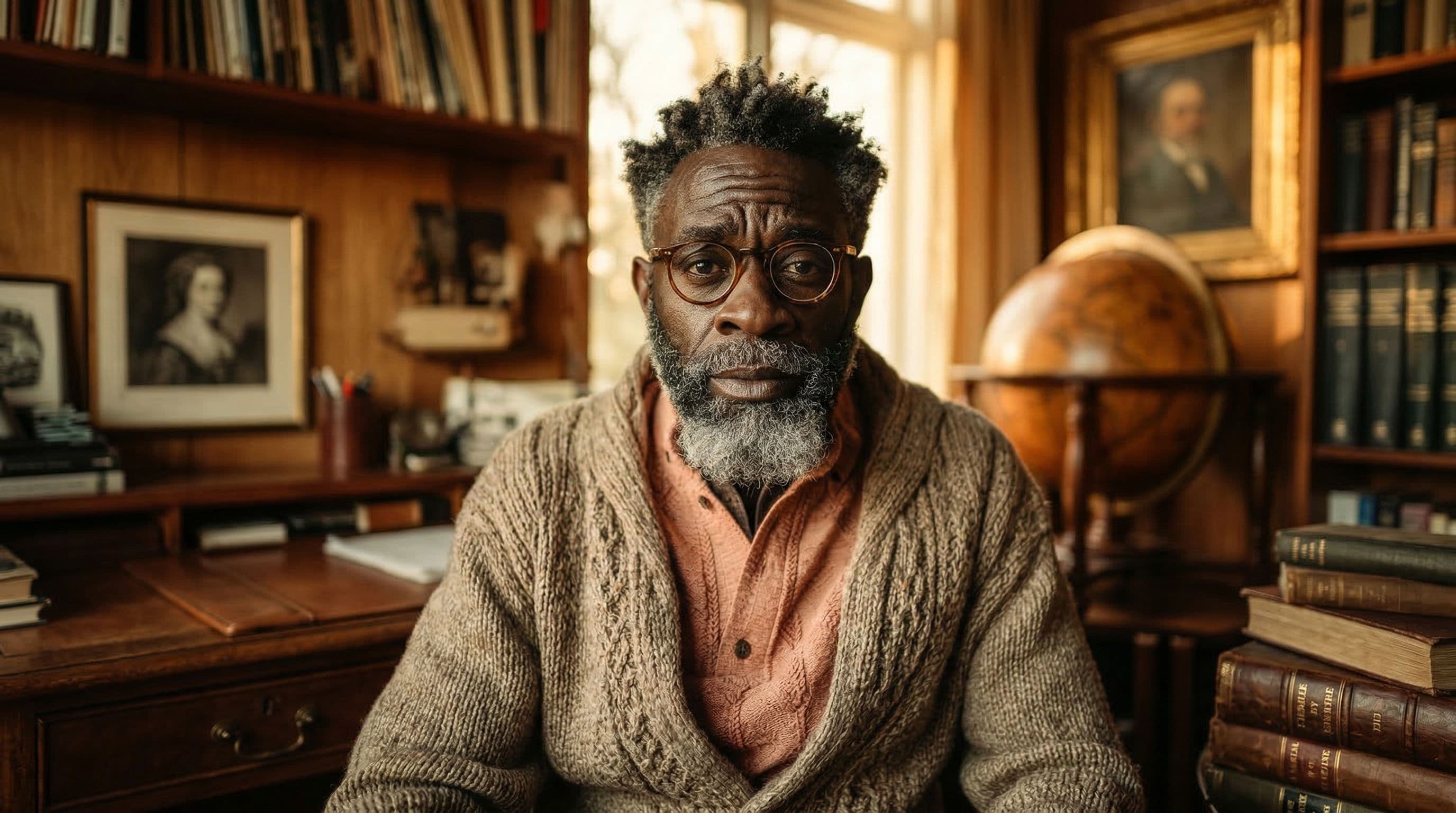 The Tinkerer with a warm, focused expression — glasses slightly forward, the look of someone mid-thought about something that has just become clearer. Not dramatic. Just engaged.