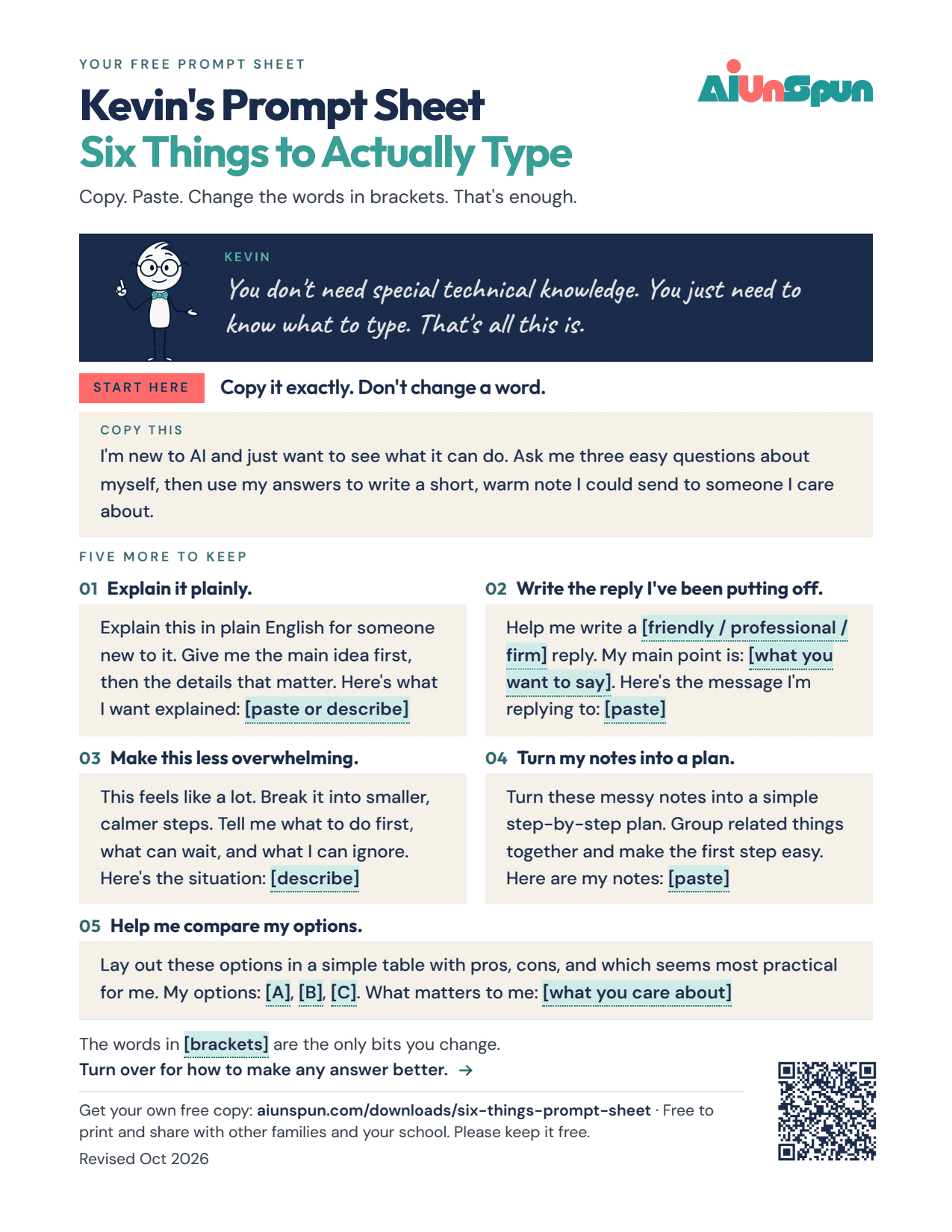 Page 1 of Kevin's prompt sheet: six things to actually type