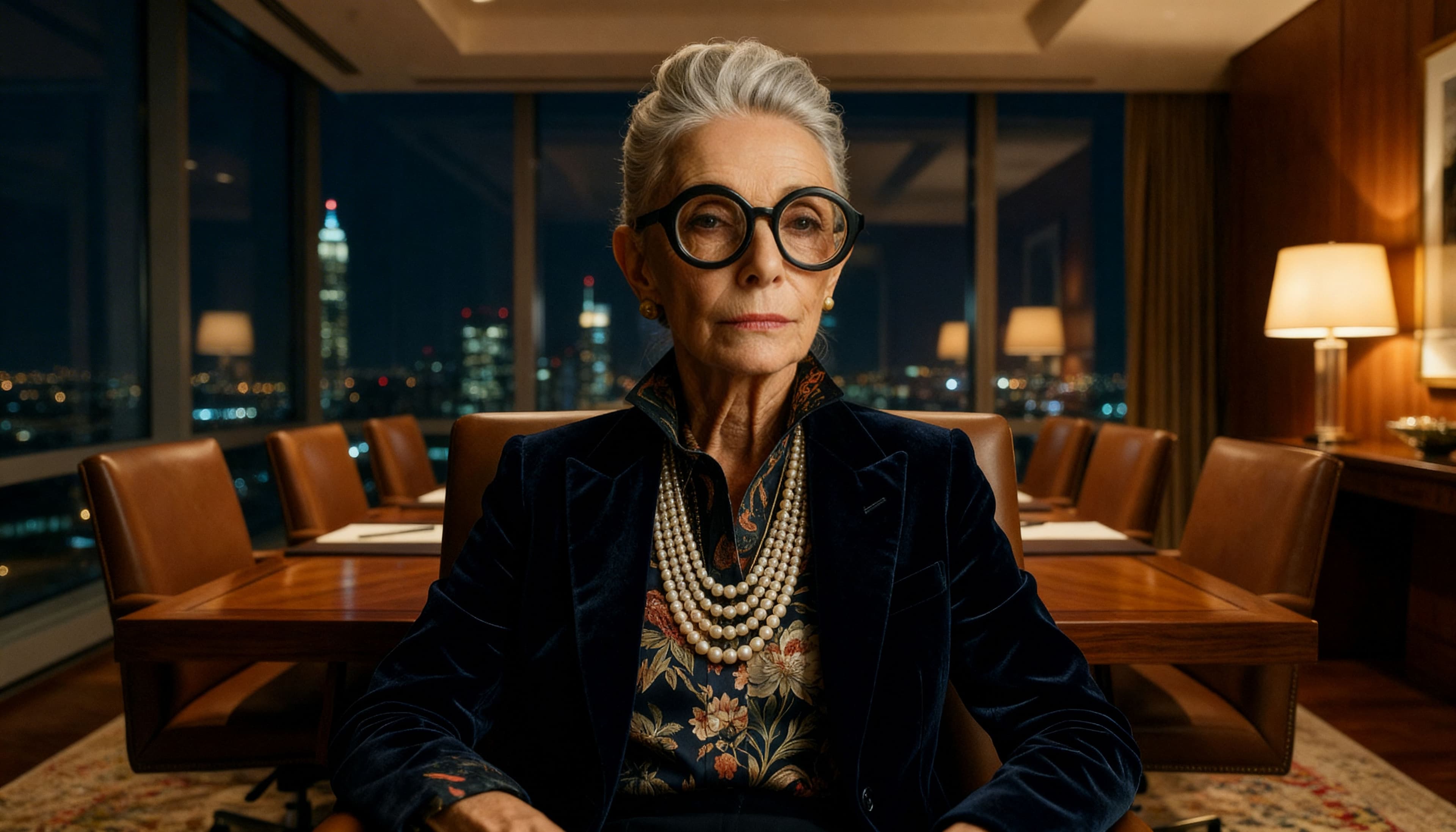 The Pragmatist in a composed, evaluative expression, looking slightly past the camera as though considering a business case. Severe but not unkind. The register of someone who has already run the numbers.