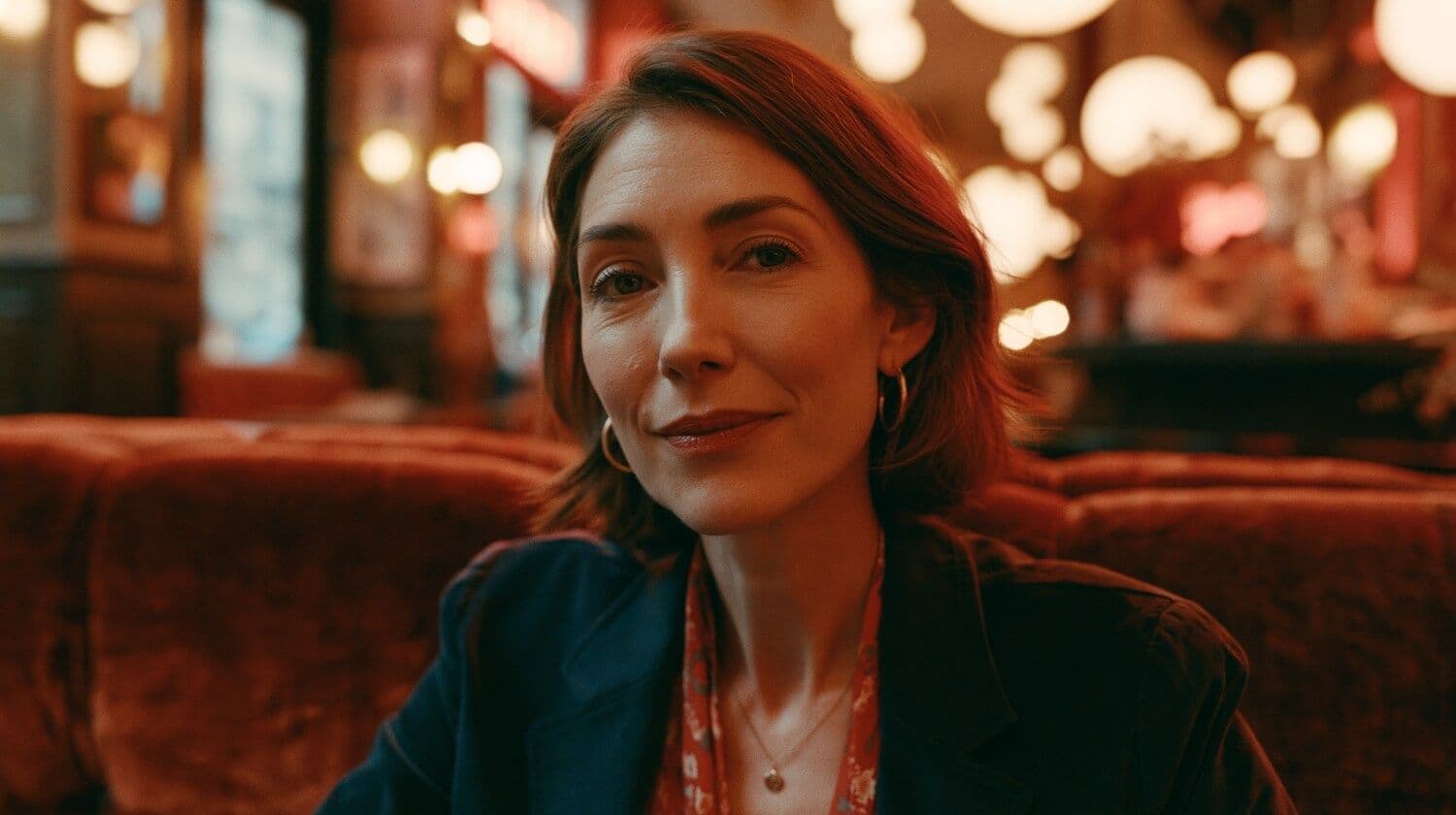 A woman in a coffee shop skeptical about AI news