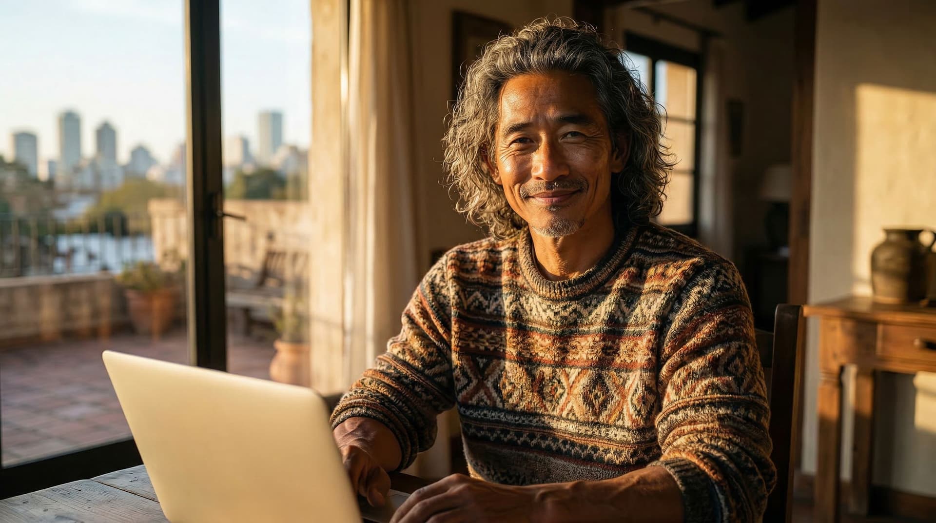 The Adventurer writing on his laptop