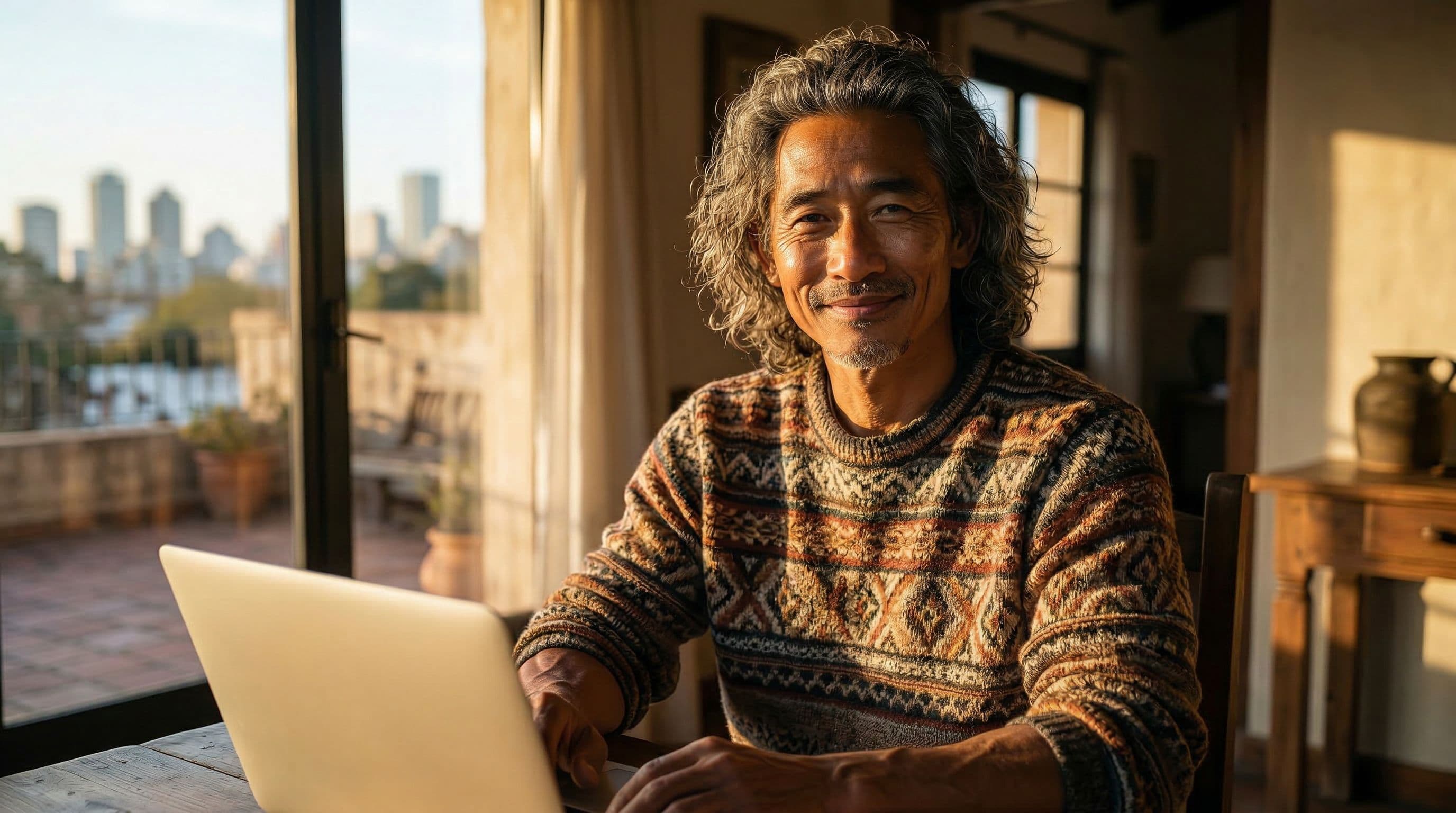 The Adventurer writing on his laptop