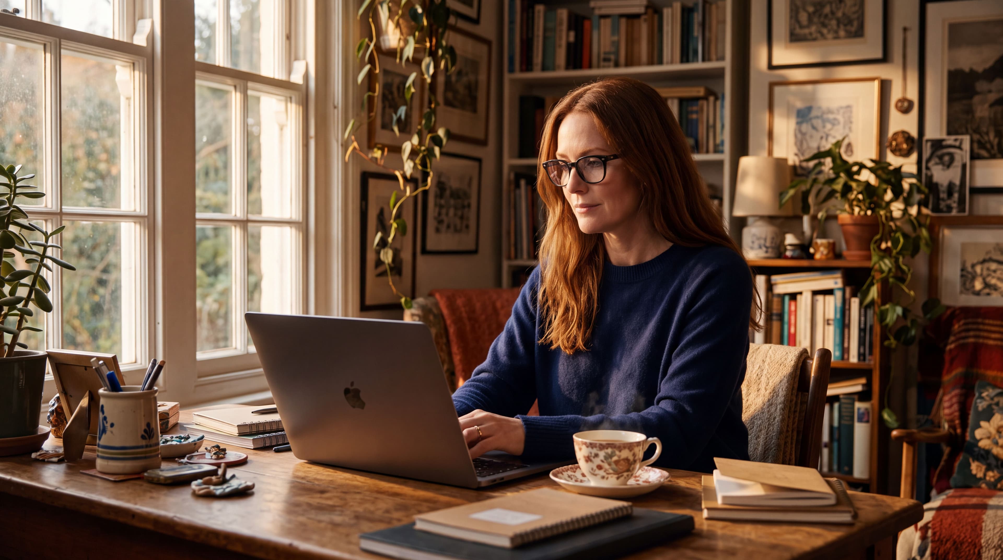 Auburn haired woman at home office desk
