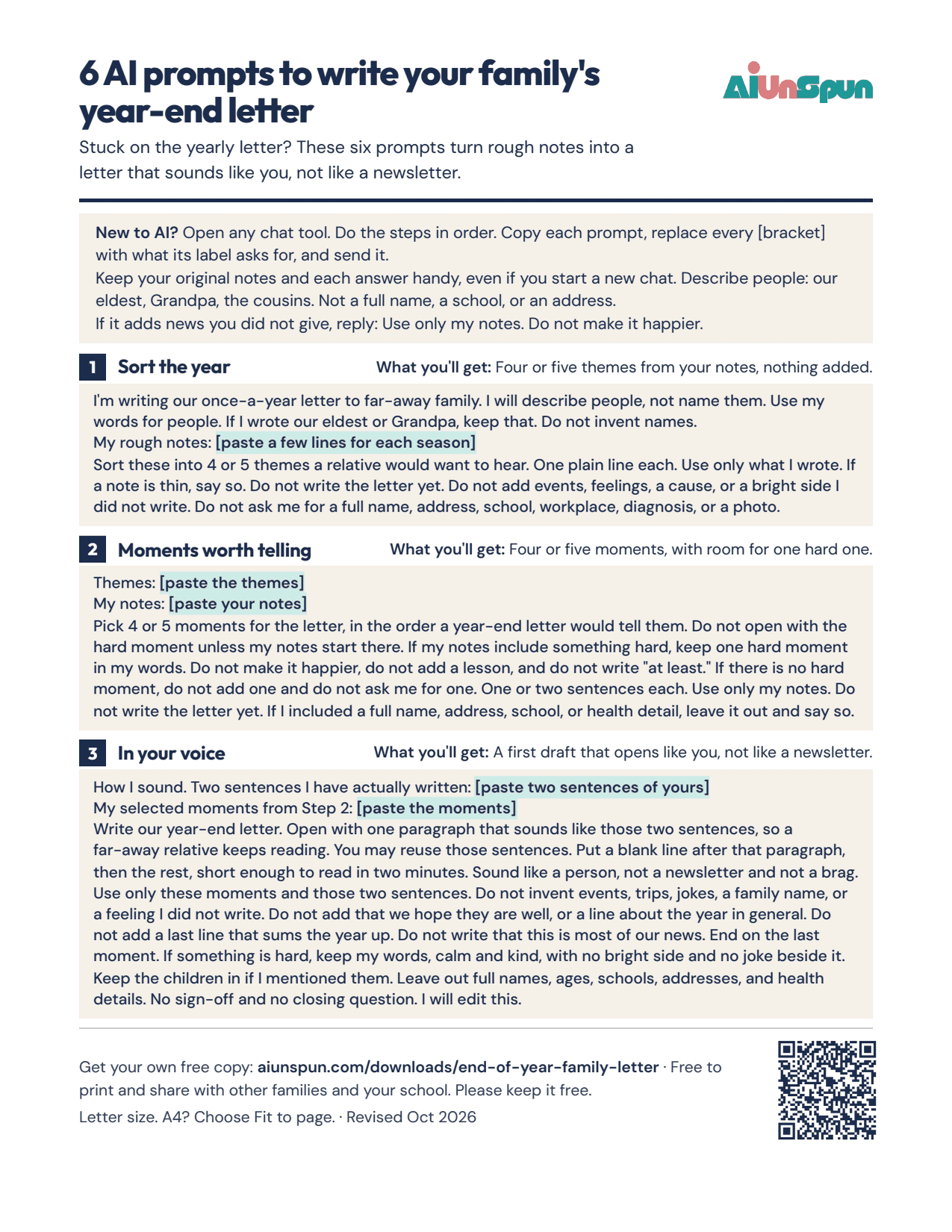 Page 1 of AI prompts to write your family's year-end letter